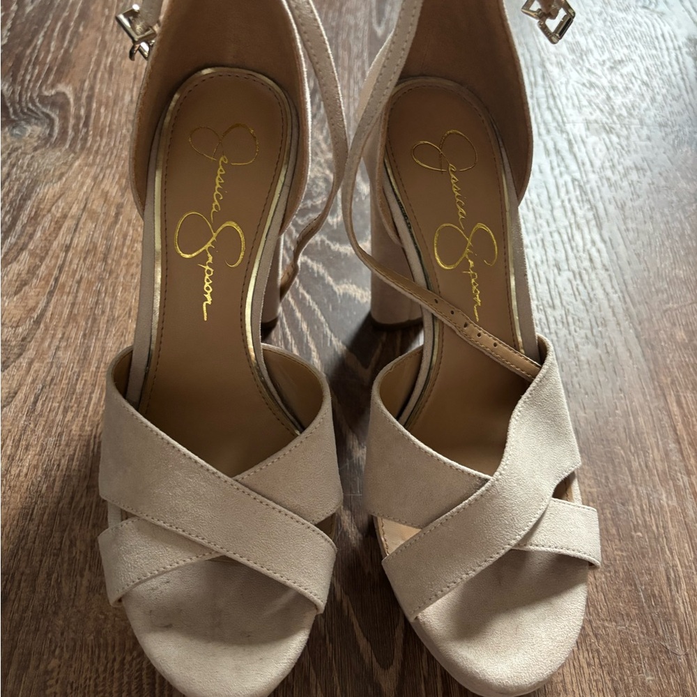 Jessica Simpson Irabella Platform Cream Heels with Elegant X-Strap Design